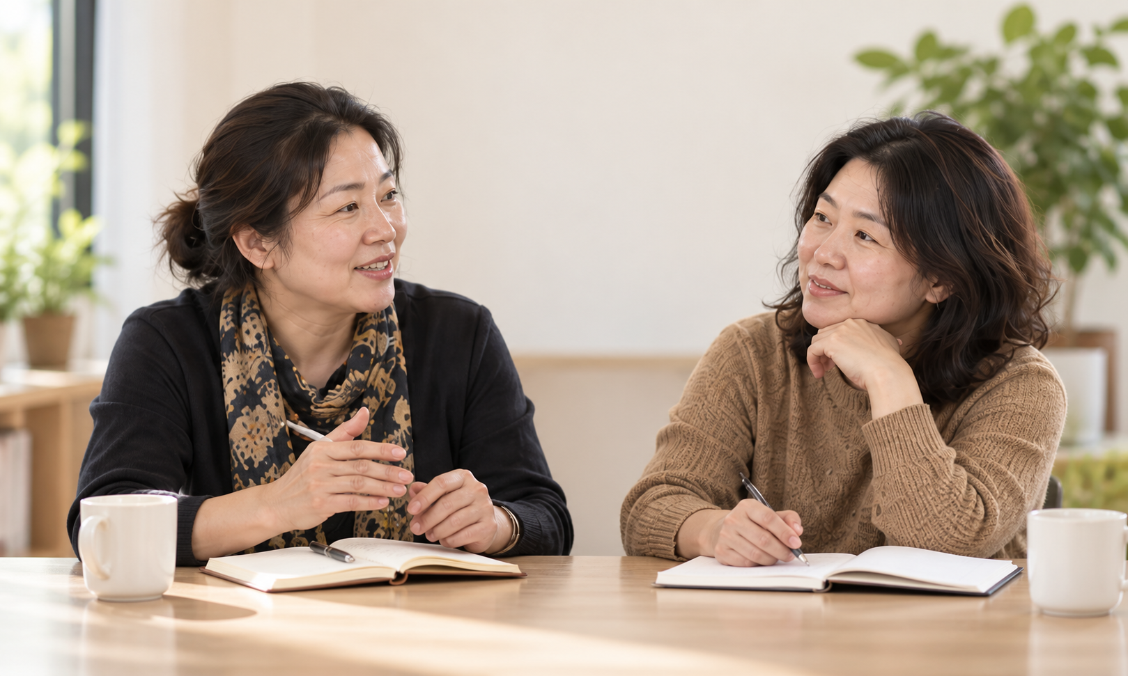 两位女性记录想法、交流学习需求的场景（AI 场景示意，非活动纪实）